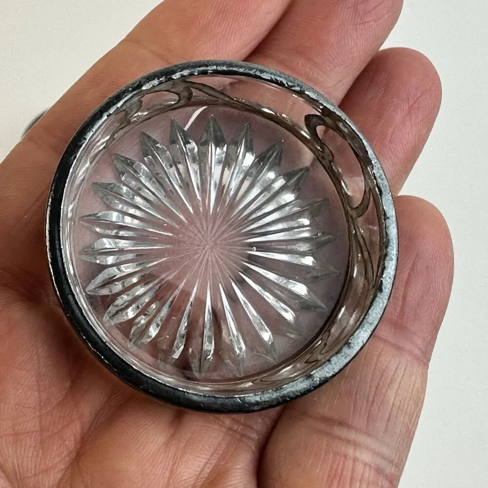 Antique Art Nouveau Sterling Silver Overlay Cut Glass Open Salt Cellars Set of 2